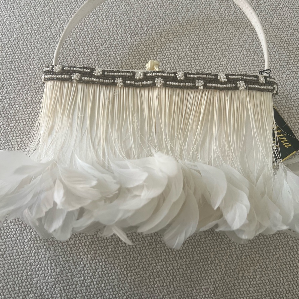 Glamorous White Feathered Clutch with Metallic Accents